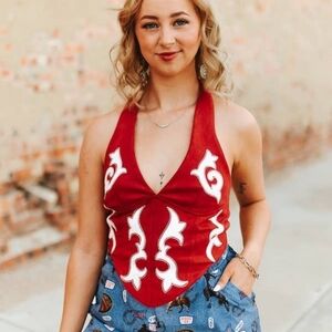NWT Red Ivory Contrast Boot-Stitch Fabric Halter Top